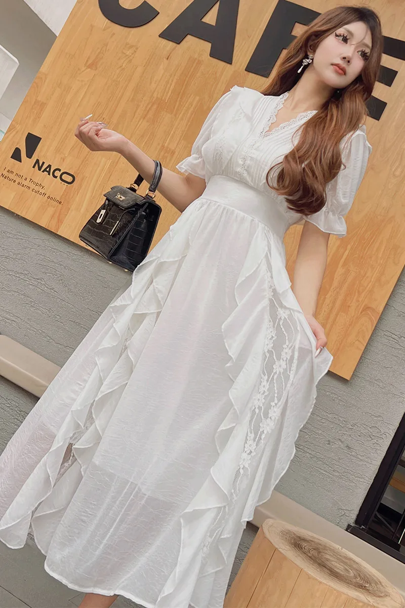 

Dabuwawa Chiffon Long Dress Women's 2023 Summer New Ruffles V Neck Slim High Waist Skirt Bubble Sleeve DM1BDR352