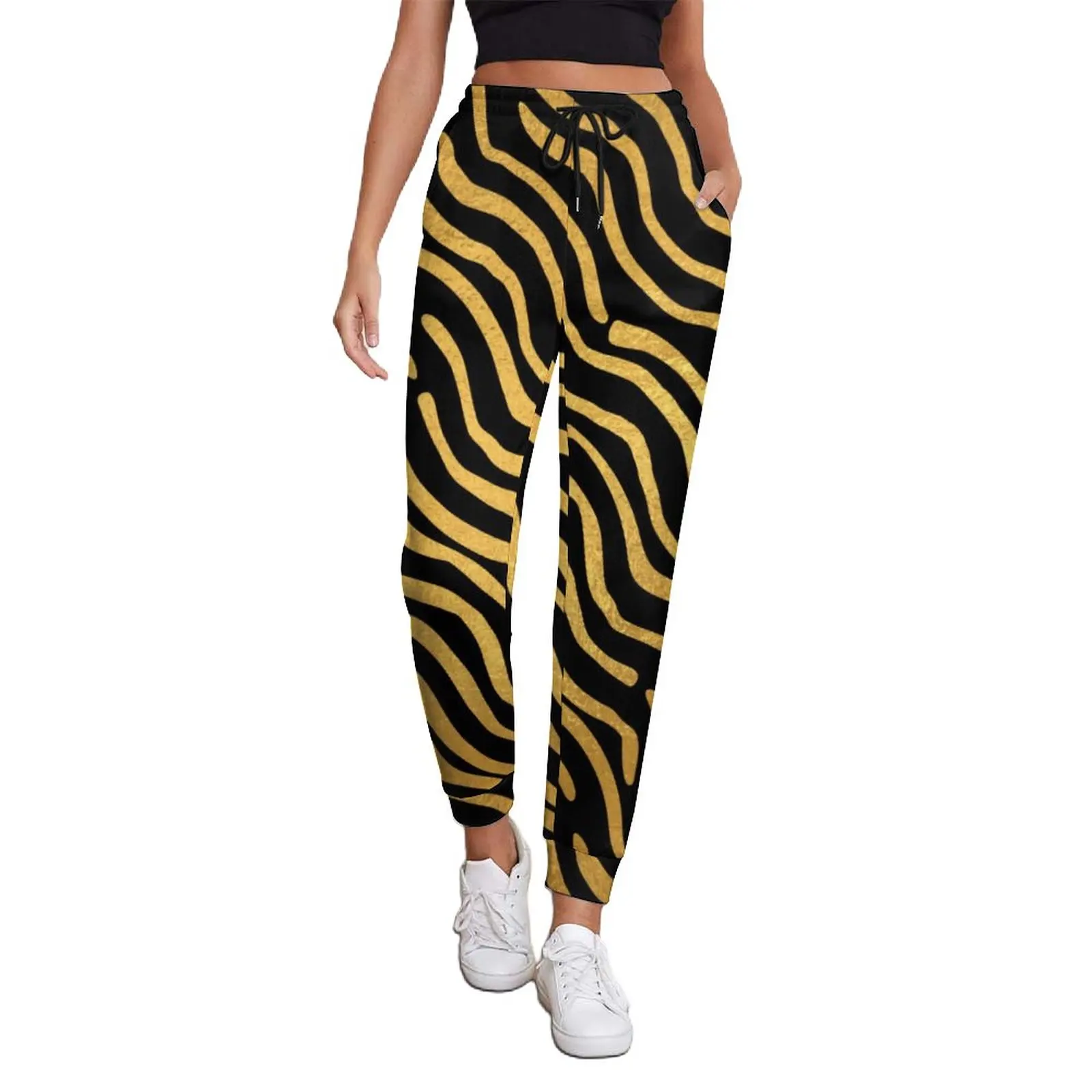 

Retro 70S Art Pants Spring Gold Abstract Lines Print Vintage Joggers Woman Korean Fashion Printed Trousers Big Size 2XL