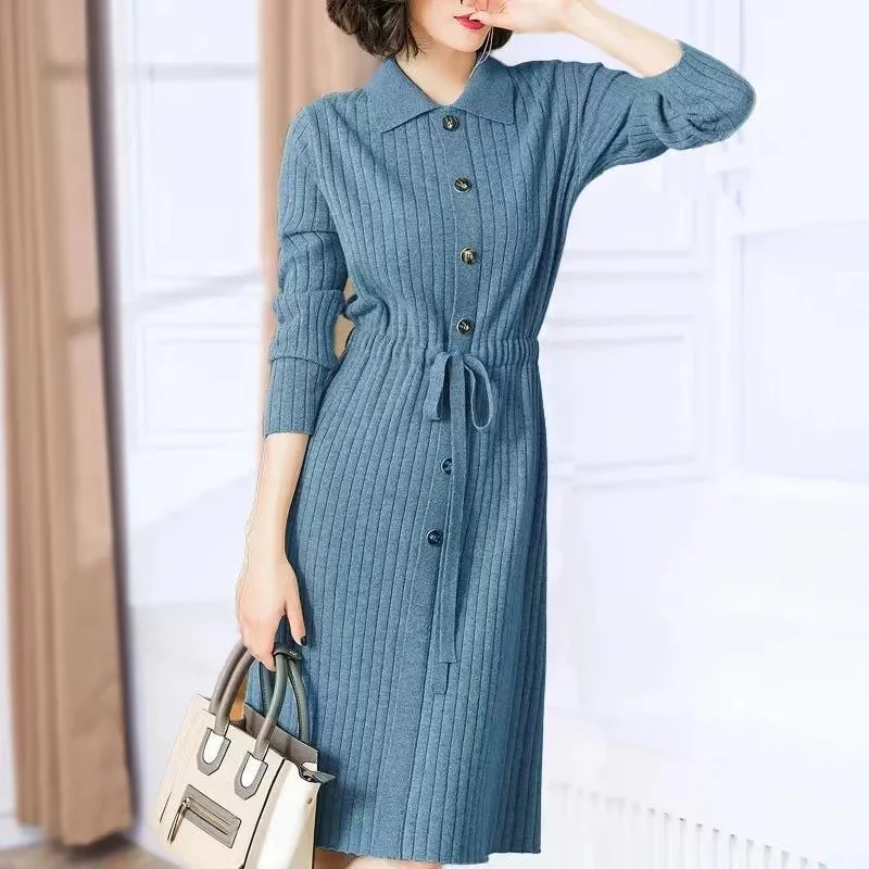 

Women's 2022 Autumn New Knitted Dress Korean Version Doll Collar Waist Tie Button Mid-length Solid Color Striped Knitted Dress