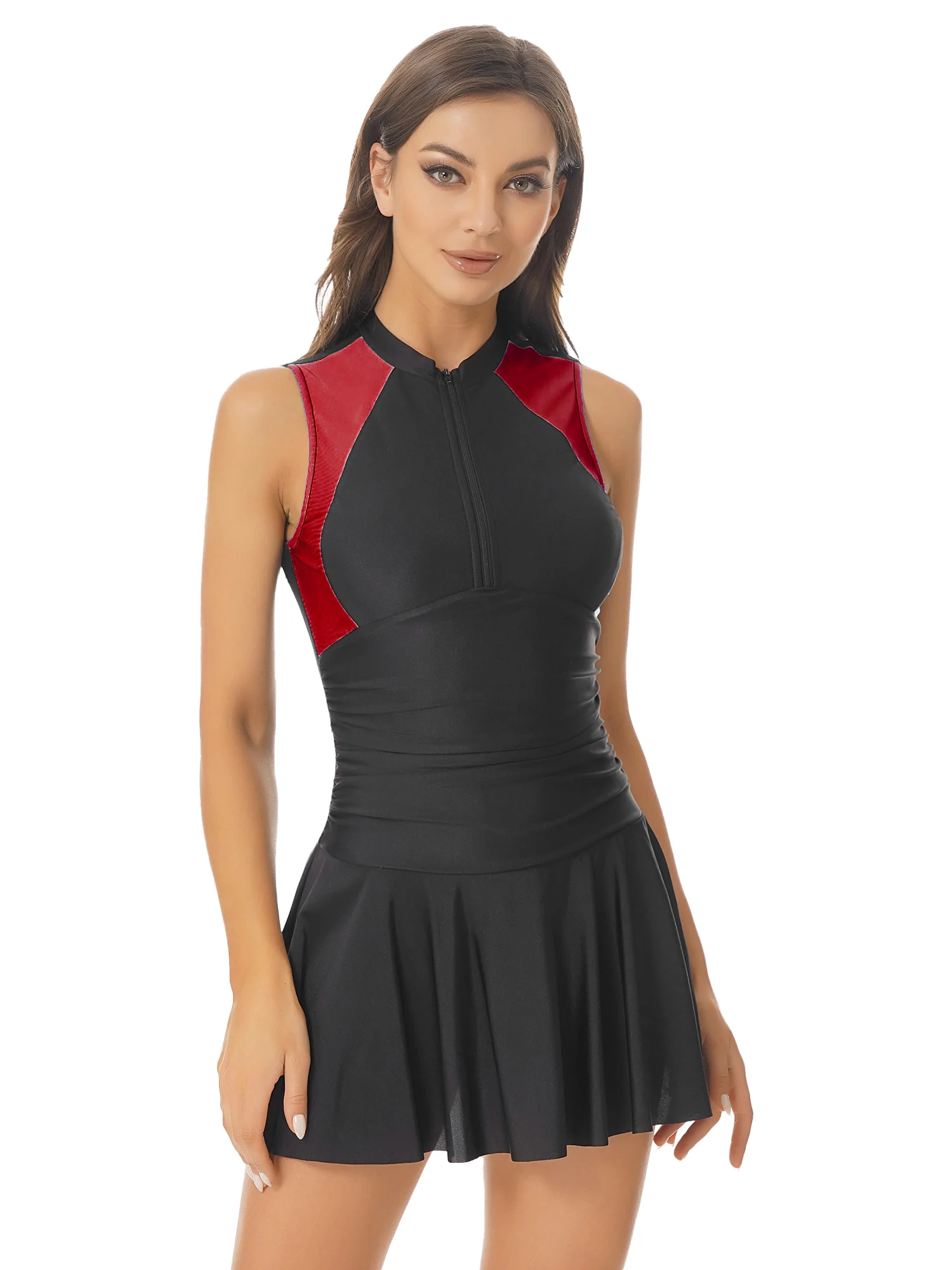 Women Rash Guards Summer Swimming Dress Sleeveless Front Zipper Pads Ruched Dress with Attached Underwear Beach Bathing Swimwear