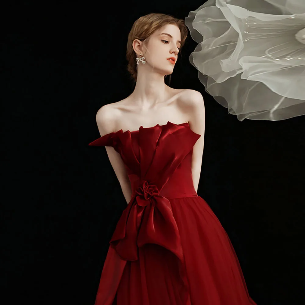 

Sexy Slash Neck Evening Dress Temperament Strapless Tulle Patchwork Floor-Length Wedding Party Dress Backless Lace Up Prom Gown