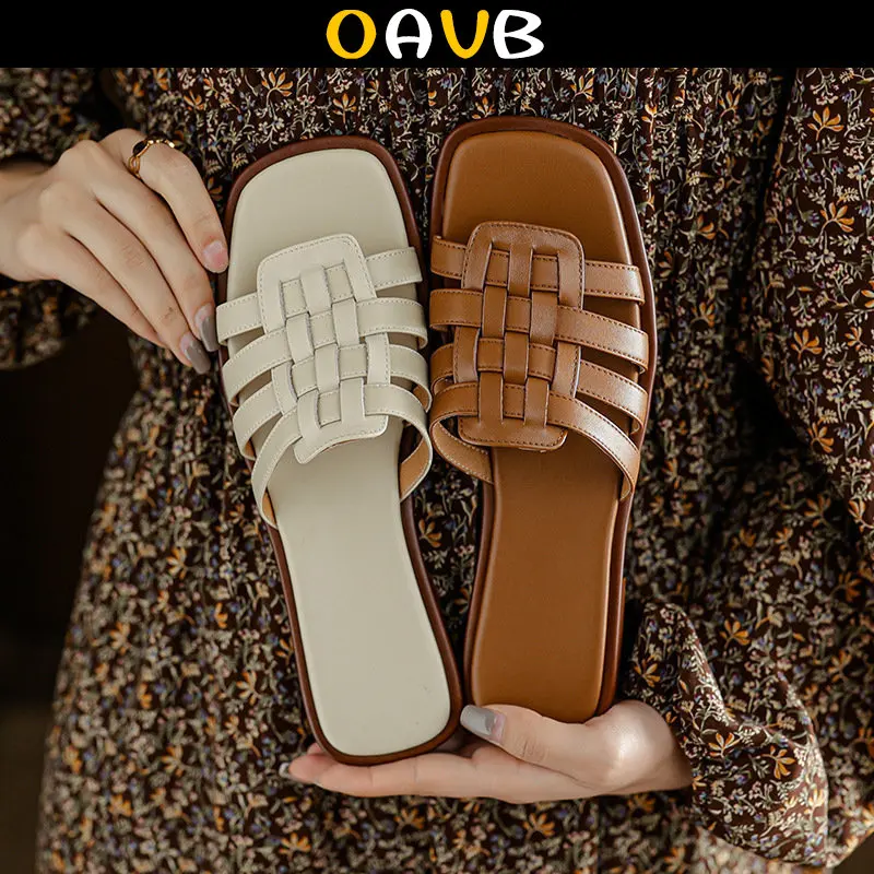 

OAVB Braided Retro Roman Peep Toe Shoes For Women Low Square Heels Sandals Solid Women's Slippers Ladies Outdoor Beach Slides