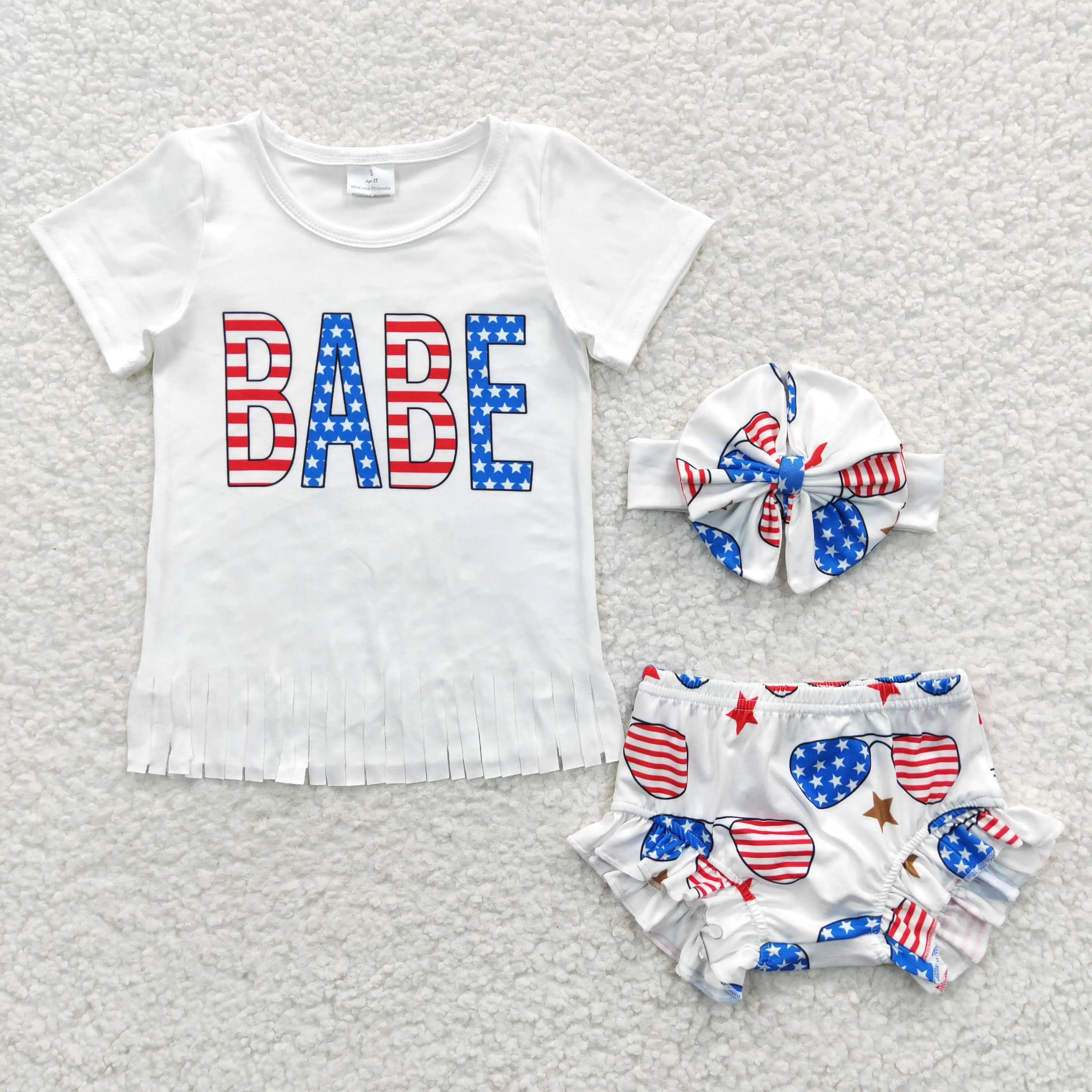 

2​023 Toddler Summer Babe July Fouth Clothing Boutique Kids Patriotic Sets Baby Girls Bummies With Bows