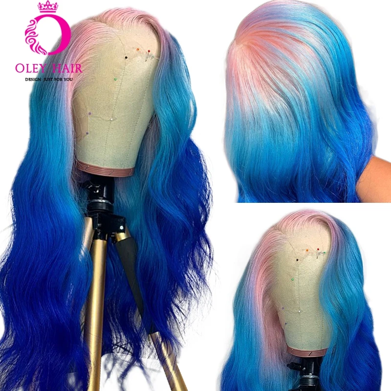 Light Blue Ombre Pink Colored Transparent Synthetic 13×4 Lace Front 30 Inch Body Wave Drag Queen Cospaly Wigs With Baby Hair