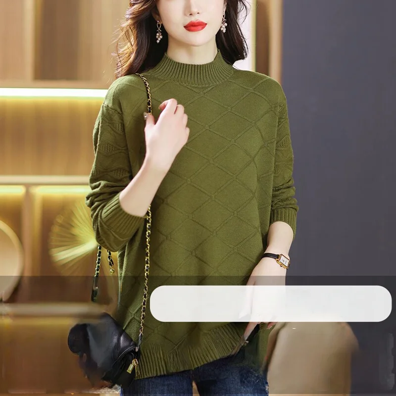 Очень большой осенне-зимний свитер с полувысоким воротником свободный 100 00 кг