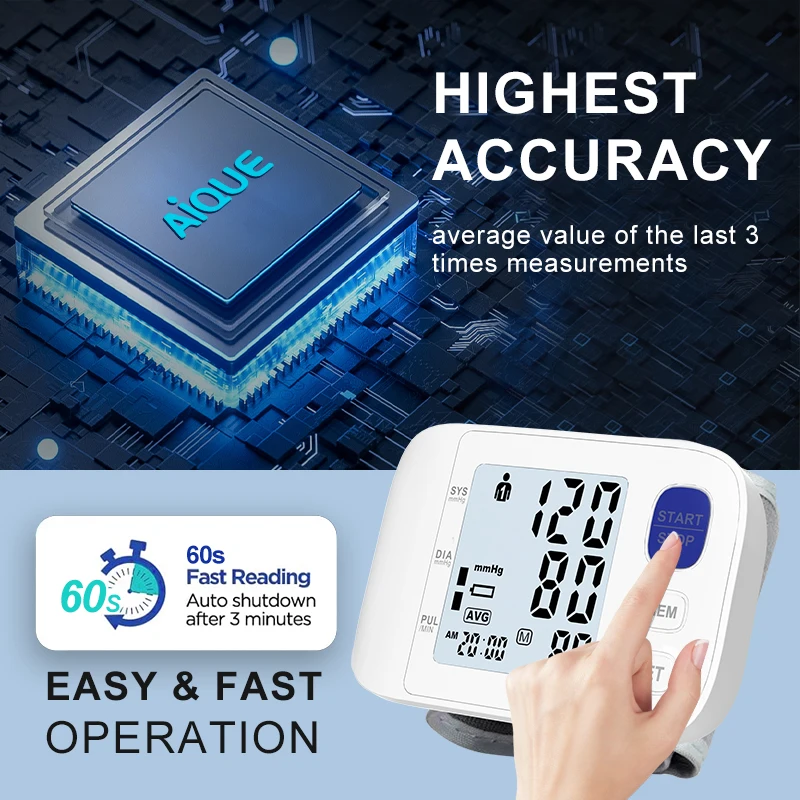 Тонометр AiQUE на запястье с подсветкой автоматический цифровой пульсометр