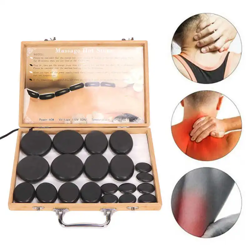 

20 PCS Heated Basalt Rocks Fast Heating Round Massage Stones with Bamboo Box Electric Spa Hot Massage Stones