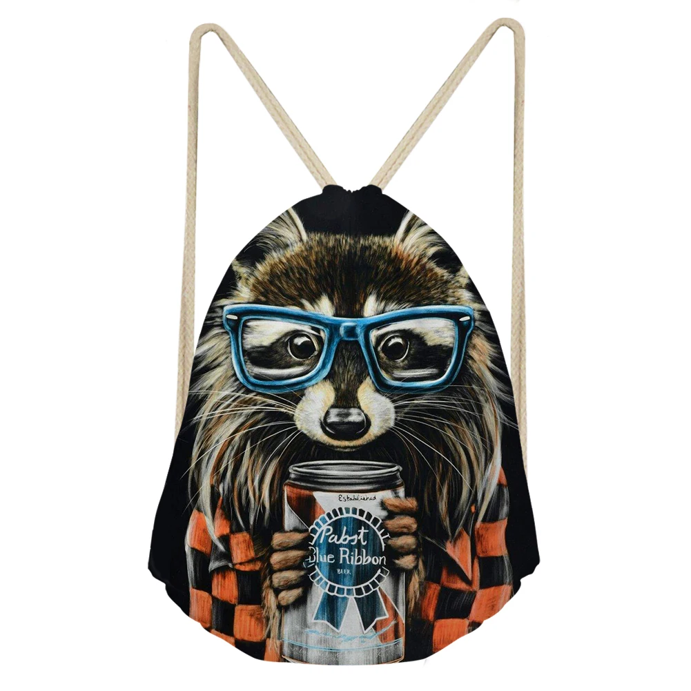 Cute Raccoon Design Drawstring Bag Teenager Fashion School Backpack Multifunction Unisex Outdoor Camping Double Shoulder Mochila