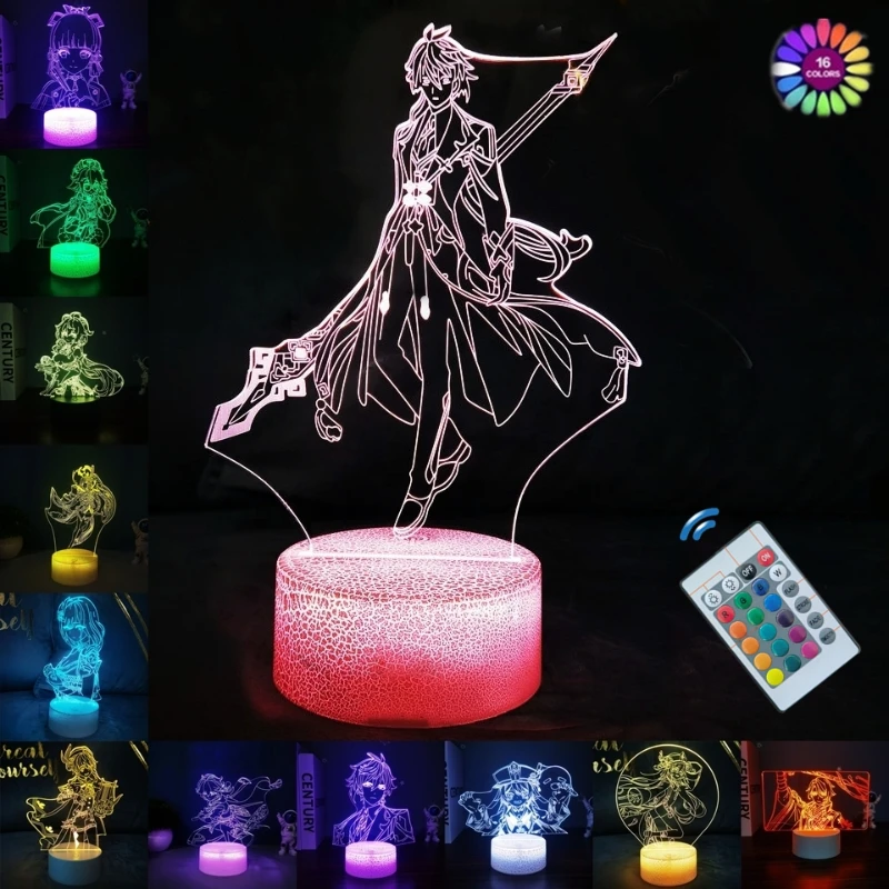

3d ночник Genshin Impact Zhongli ночник аниме игра красочный пульт дистанционного управления подарок на день рождения для детей спальня настольные ла...