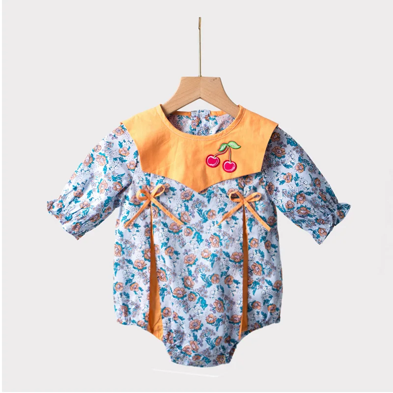 

Summer Newborn Baby Girls Romper Flowers Printed Long Sleeves Patchwork Spring Infant Clothes 0-2 Years