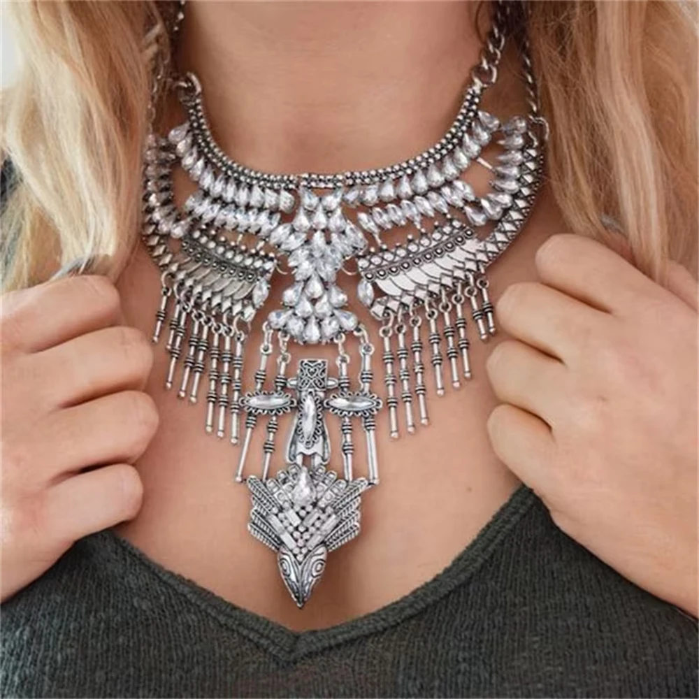 

Costume Jewelry Bohemian Tribal Vintage Silver Plated Exaggerated Crystal Rhinestone Chunky Statement Necklace for Women