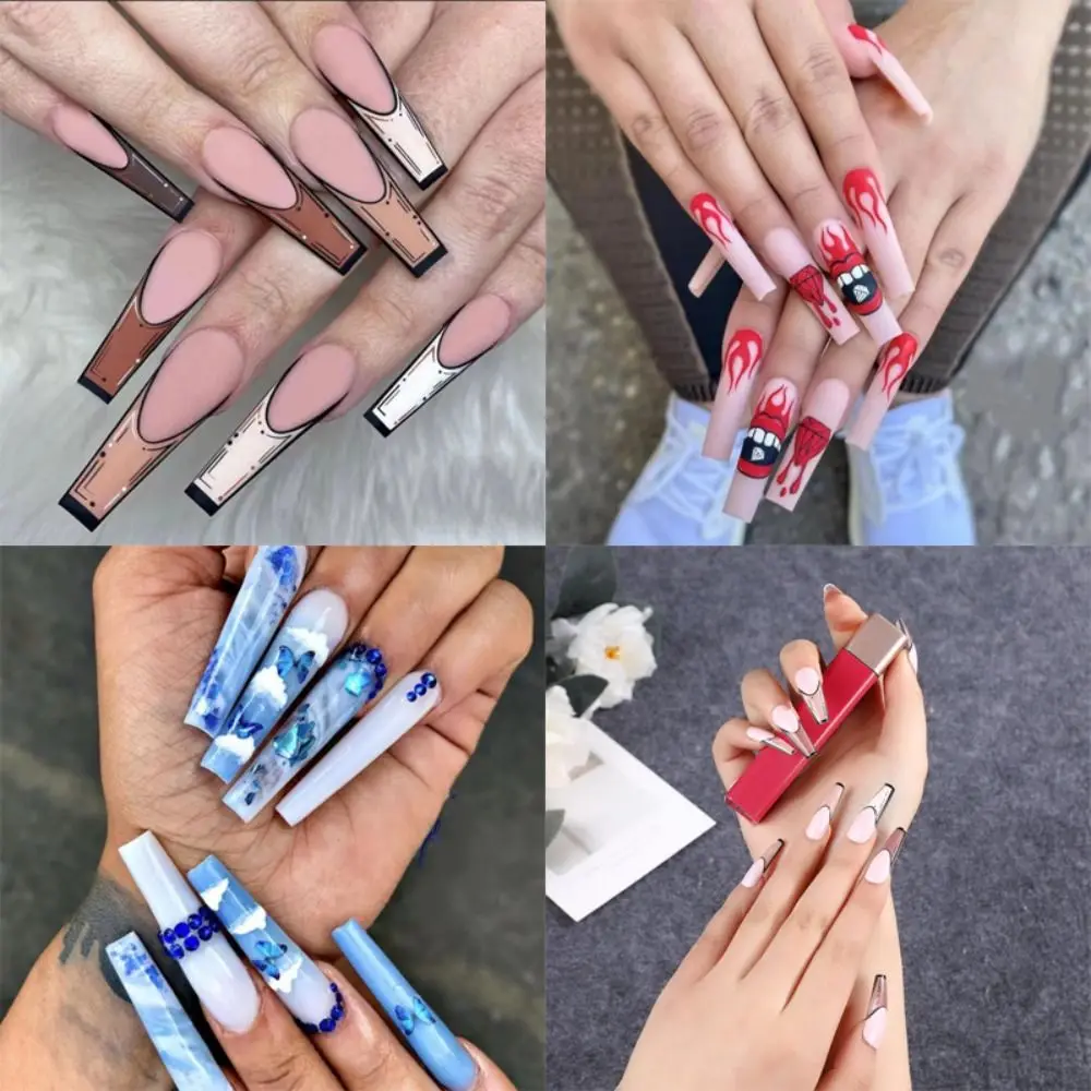 

Detachable Full Cover Flame Cloud Butterfly Press on Nails Comic Long French Fake Nails Ballerina