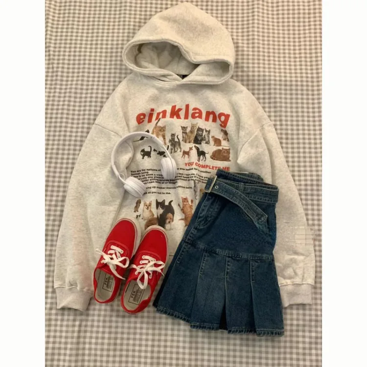 

Американская винтажная толстовка с мультяшным котом толстовки Топ Y2k E-Girl джинсовая юбка с высокой талией осенние комплекты из 2 предметов