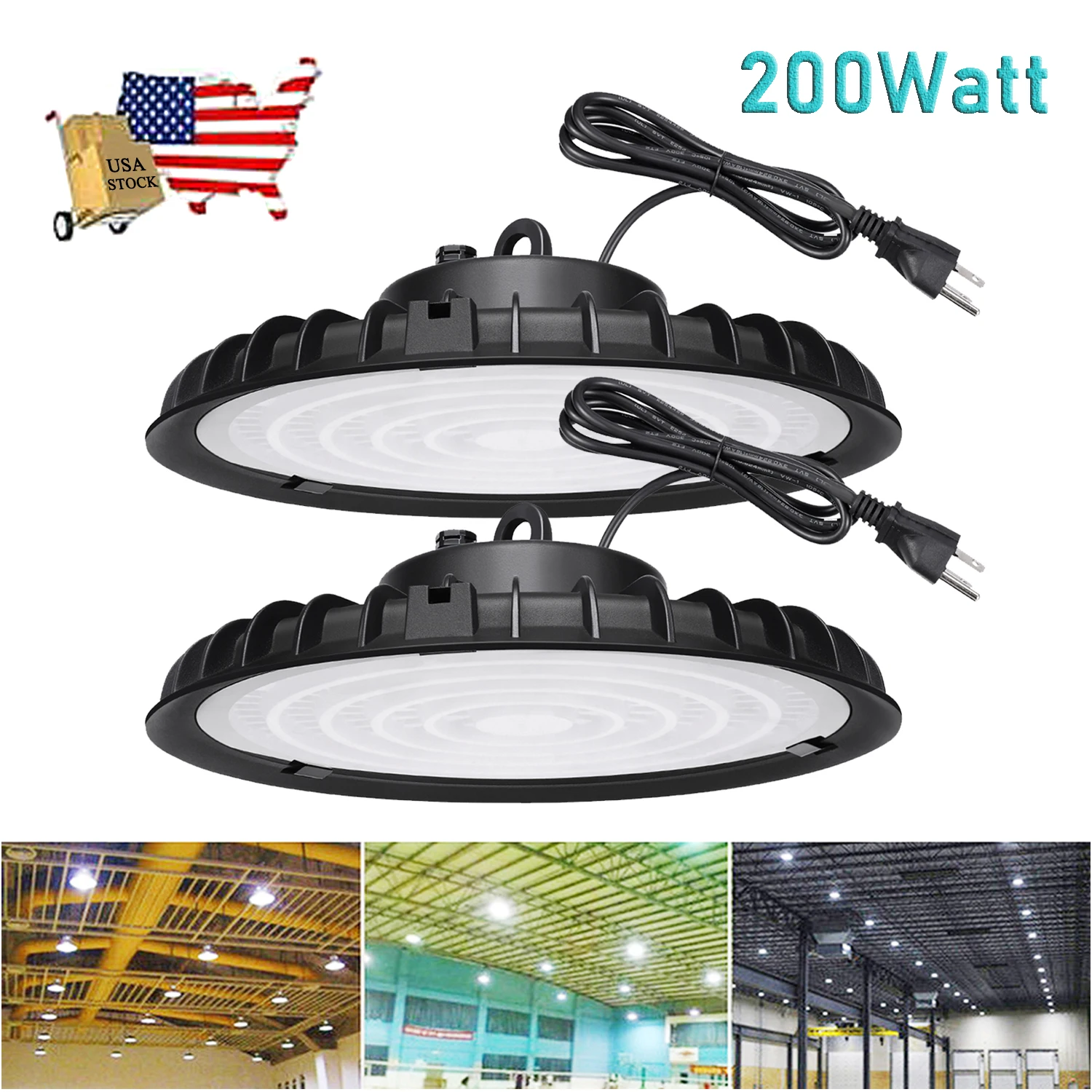2 UFO Led High Bay Light US STOCK 200W Commercial Industrial Warehouse Factory Lighting Fixture 6000K 200 Watts Gym Shop Lamp