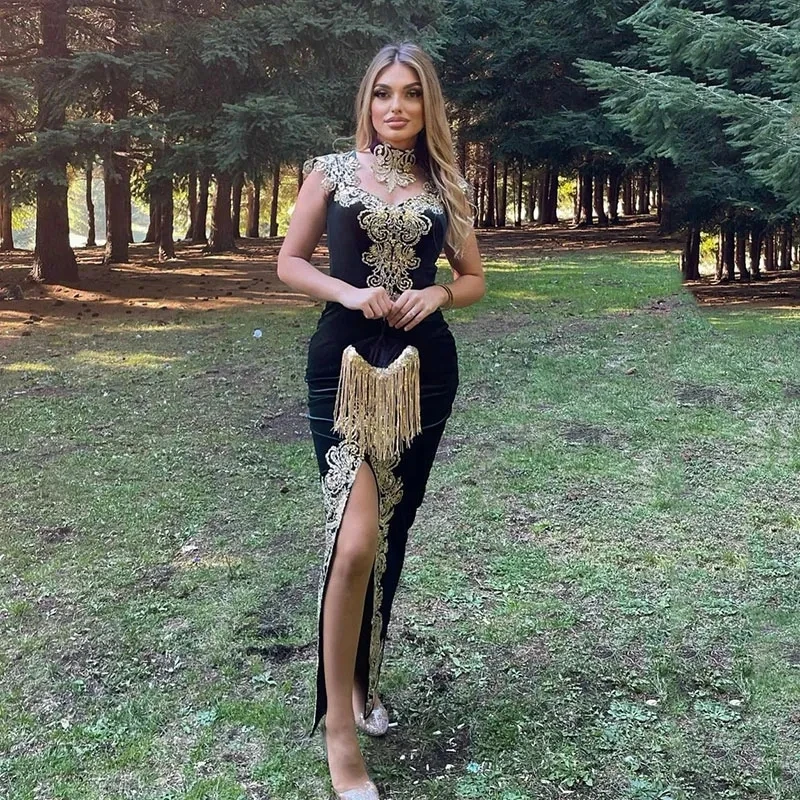 

Moroccan Caftan Kaftans Mermaid Evening Dresses Dubai Abaya Arabic High Neck Gold Embroidery Women Split Prom Party Gowns Robes