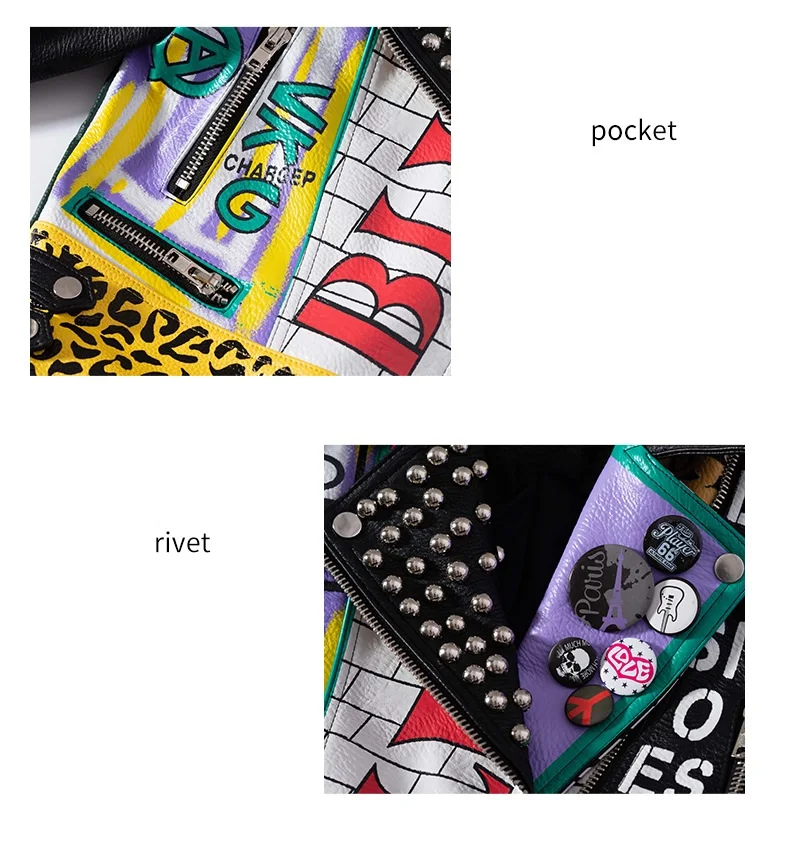Women's spring and autumn new street hip-hop rock punk style personality girl pattern graffiti print badge rivet leather jacket