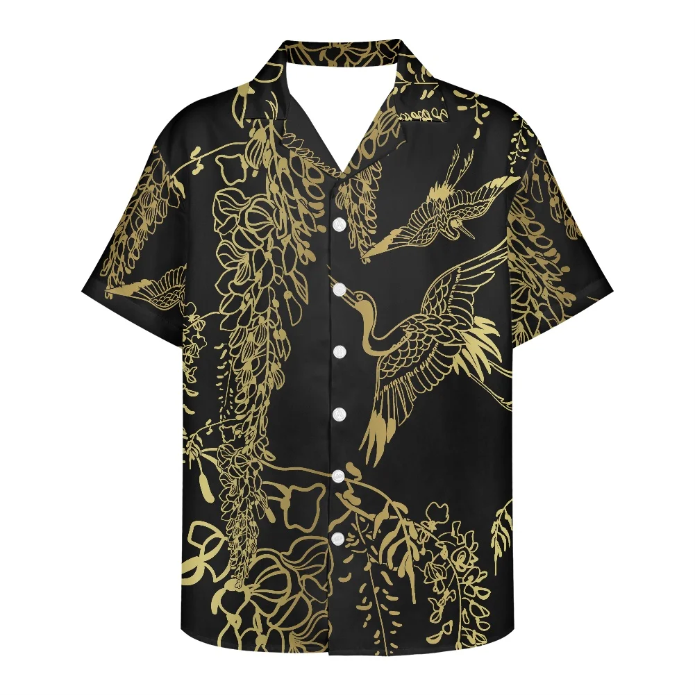 

Летняя рубашка в японском стиле с красным журавлем и золотым узором, Мужская одежда, Гавайская Повседневная Свободная дышащая одежда с коро...