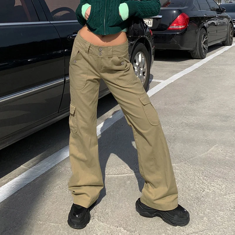 

2022 autumn fashion new women's cargo pants Street solid color pocket low waist Spice womens overalls