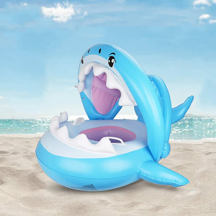 

New Baby Inflatable Shark Pool Float with Sunshade Flamingo Ride-On Swimming Ring Safe Seat Water Toys for Kids 1-5 Age Gift