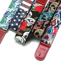 cotton guitar strap for acoustic electric guitar and bass adjustable denim printed guitar belt genuine leather ends
