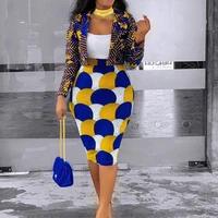 african suit dress ladies casual suit middle skirt high quality two commuter skirt printed long sleeve ladies two piece set