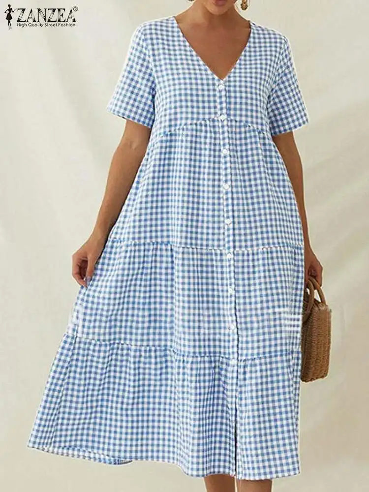 

Платье ZANZEA женское в клетку, стильный элегантный сарафан оверсайз с V-образным вырезом и коротким рукавом, праздничное, на лето