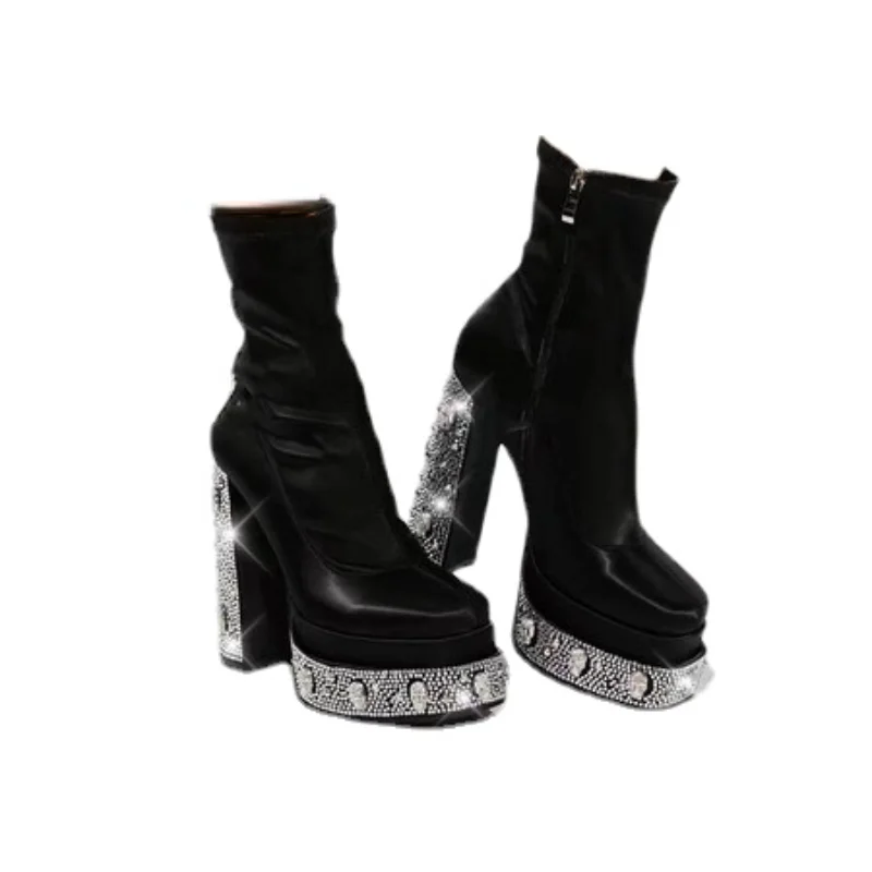 2023 European and American Waterproof Platform High-heeled Rhinestone Fashion Catwalk Boots Round Head Satin Black Leather Boots