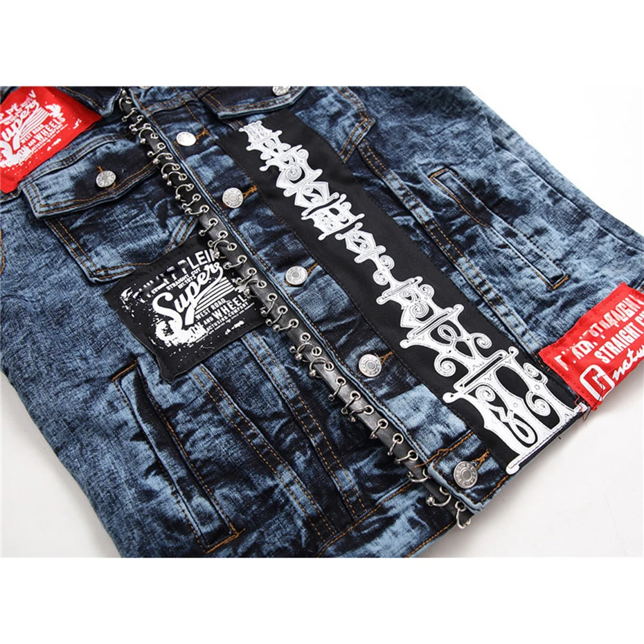 Джинсовый жилет в стиле панк мужской узкий джинсовый с принтом позвоночника и