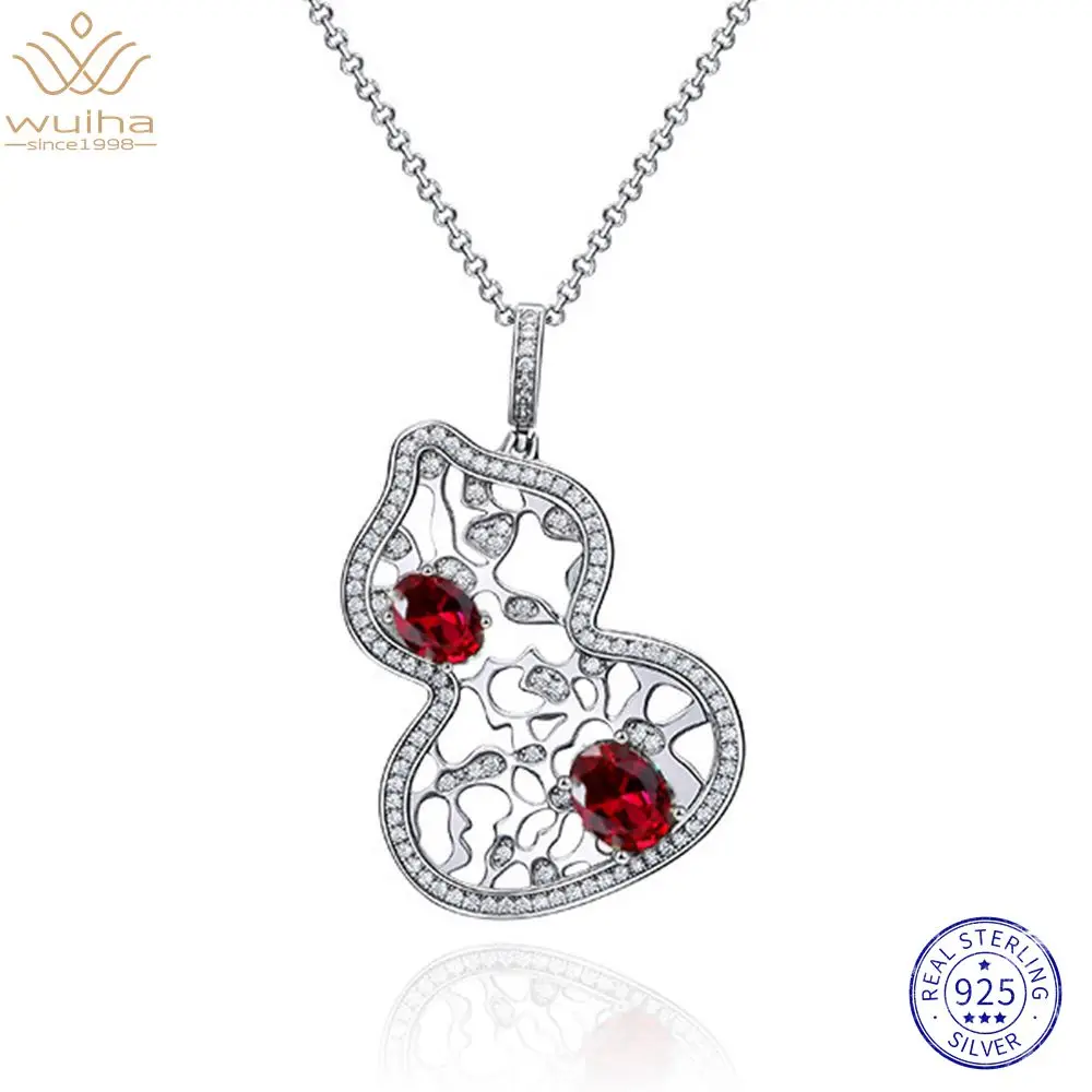 

WUIHA Real 925 Sterling Silver 3EX VVS Ruby Emerald Simulated Moissanite Gourd Pendant Necklaces for Women Gift Drop Shipping