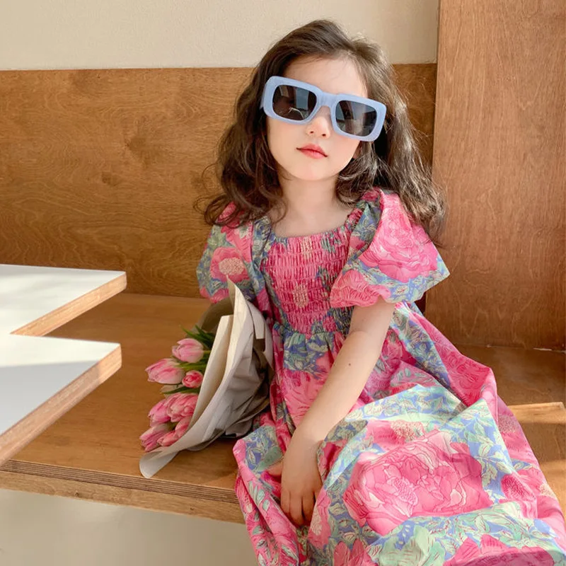 

Платье с коротким рукавом и цветочным принтом для девочек, летнее Новое пасторальное детское платье с юбкой с рукавами-фонариками, детская одежда для девочек, детская одежда
