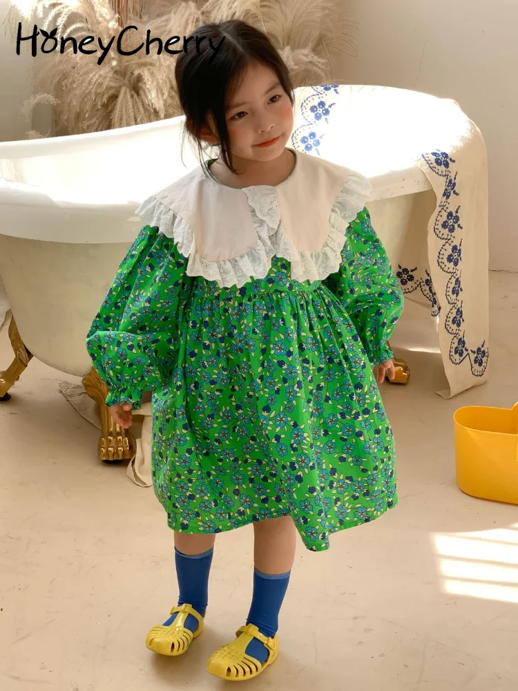 

HoneyCherry 2022 spring new Dress for girls floral dress children's lace lapel princess dress costume for girls