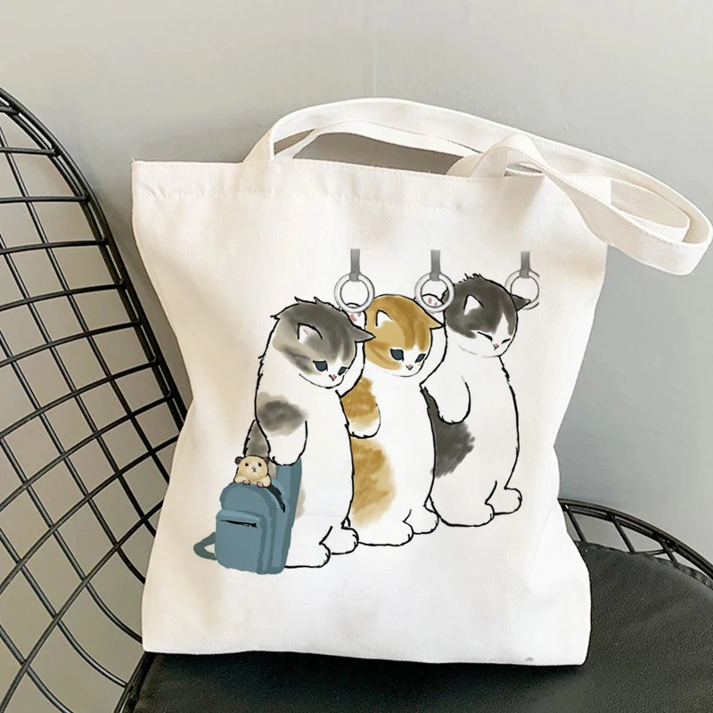 

Women Shopper bag cute white cat Printed Kawaii Bag Harajuku Shopping Canvas Shopper Bag girl handbag Tote Shoulder Lady Bag