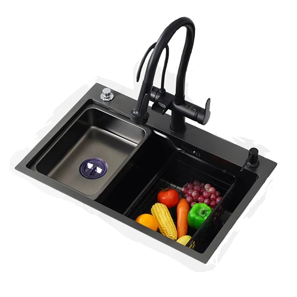 

Кухонная раковина Topmount черно-серая, из нержавеющей стали, с одной чашей, с выступом и комплектом аксессуаров, боковая дренажная рабочая станция