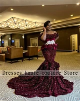 aso ebi elgant velvet sequin mermaid evening dresses red wine plus size for women formal prom dressing gown vestidos de fiesta
