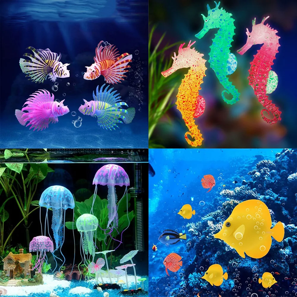 

Silicone Artificial Luminous Hippocampus Aquarium Tank Ornament Glow In Dark Underwater Decorate Jellyfish Lionfish Landscape