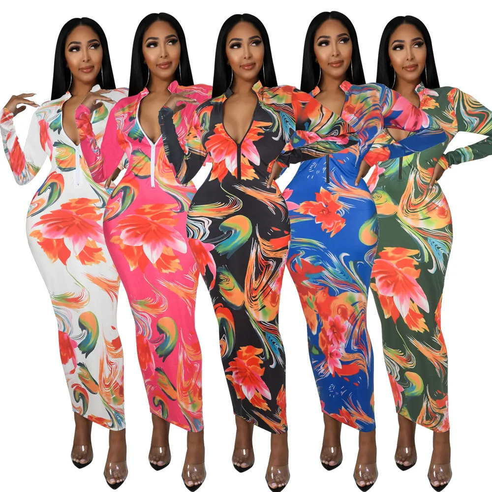 

Party Dress Women Floral Print Long Sleeve Slim Bodycon Robe Maxi Dress Wear on Both Sides Hips Zipper Vintage Dresses