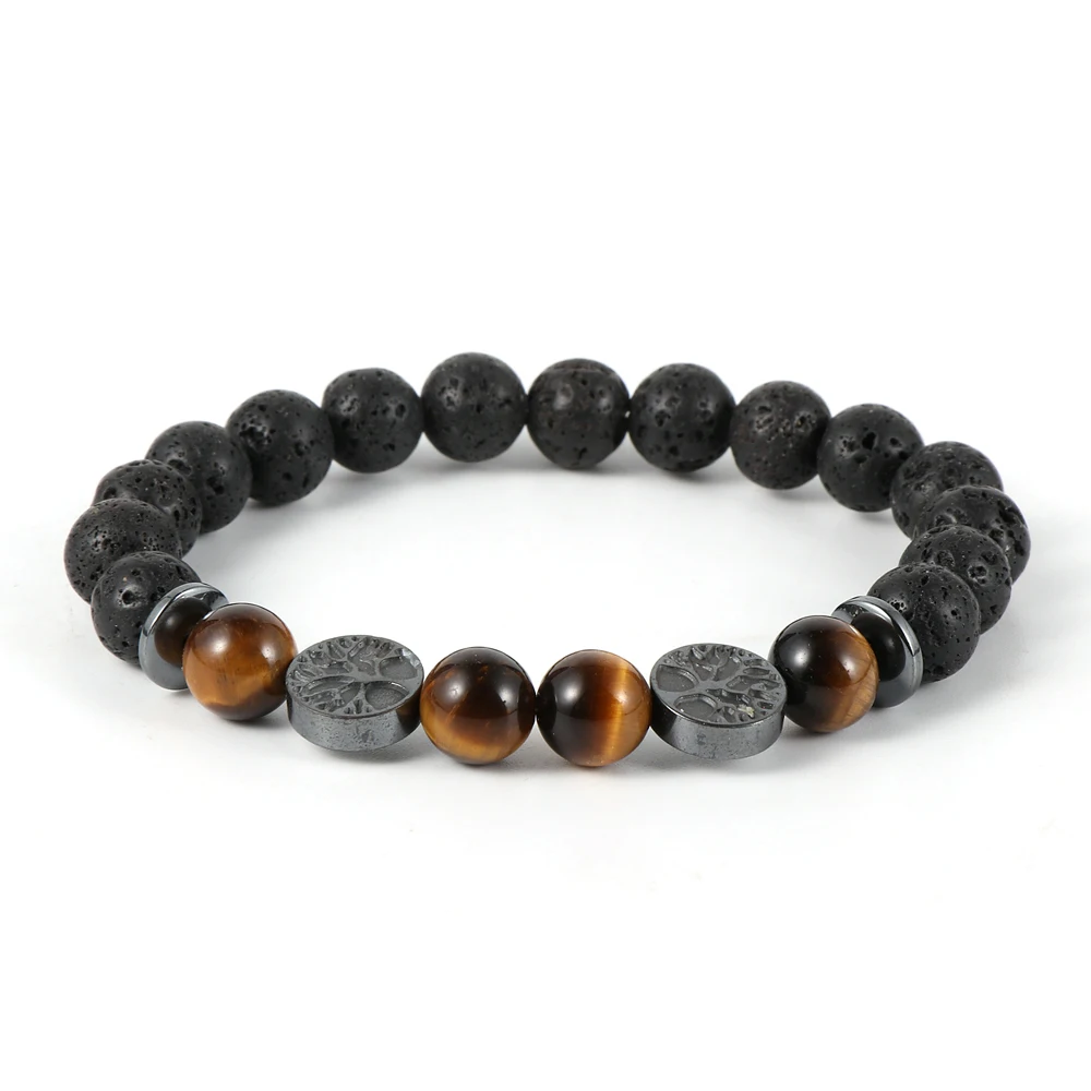 

Cheap Natural Stone Beaded Pulseras 8mm Lava Volcanic Tiger Eye Healing Tree Of Life Beads Elastic Bracelet For Men Women