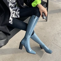 knee high boots ladies chunky heel autumnwinter new square toe mirror patent leather zipper fashion shoes botine femme 2022