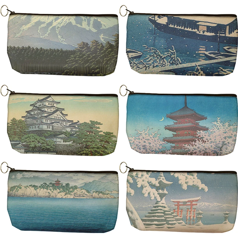 

Makeup Bag Japanese Architecture Printed Canvas Cosmetic Bag New Portable Square Girls and Women Cosmetic Bag Coin Purse