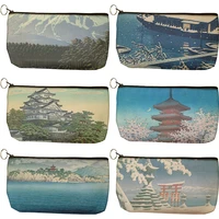 makeup bag japanese architecture printed canvas cosmetic bag new portable square girls and women cosmetic bag coin purse