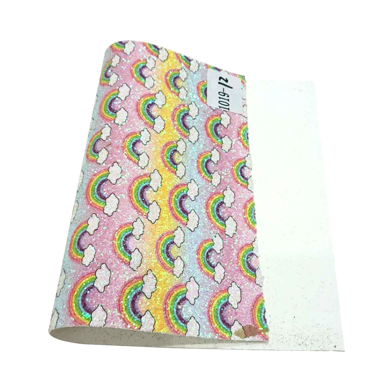 

Color Changing Rainbow Cloud Pattern Printed Shiny Chunky Glitter Faux Leather Fabric Sheet for Shoe/Bag/Craft