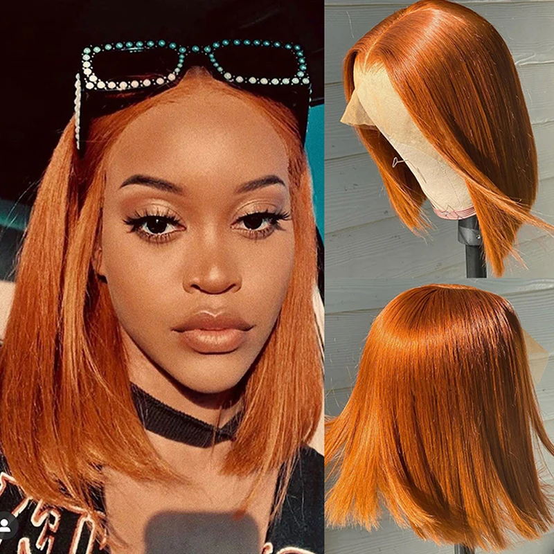 

Ginger Orange Short Straight Bob Wig 13x4 Lace Front Human Hair Wigs For Women Brazilian Hair Bone Straight Transparent Lace Wig