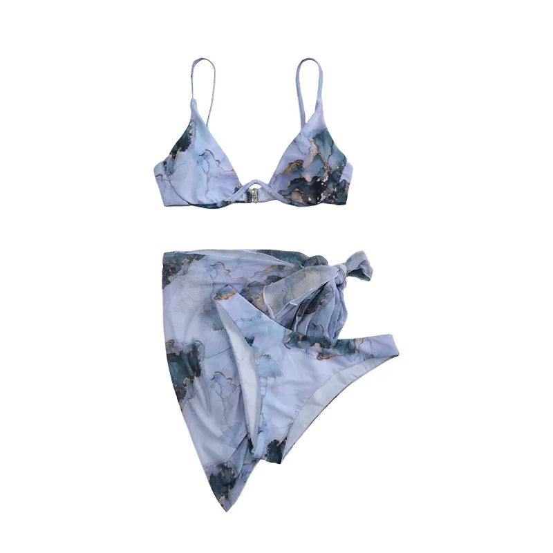 

Модный женский комплект бикини с завязками из 3 предметов, купальник с накидками sarстрингами, пляжный купальный костюм с юбкой, 2022