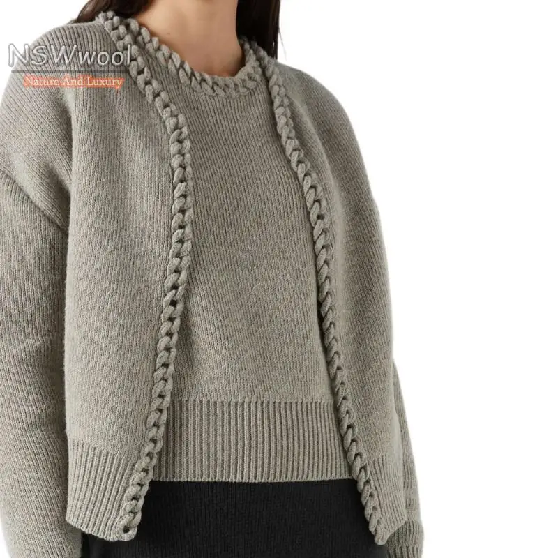 

2022 Autumn Wool Chain Grey Cardigan Crew Neck Women Sweater French Pairs Design High Quality