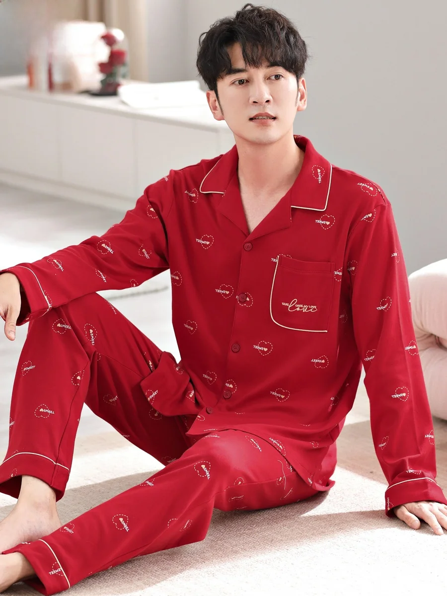  Cotton Wedding Men's Pajamas Spring and Autumn Long sleeve Red Year of Fate Festive Bridegroom