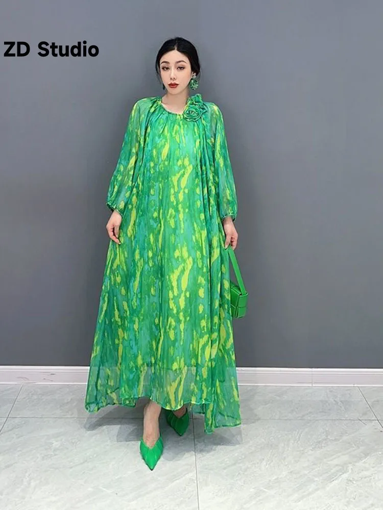 

[ZD Studio] 2023 Summer New Chiffon Printed Dress Loose Large Swing Thin Fairy Dress Slim Large Size Women's Dress