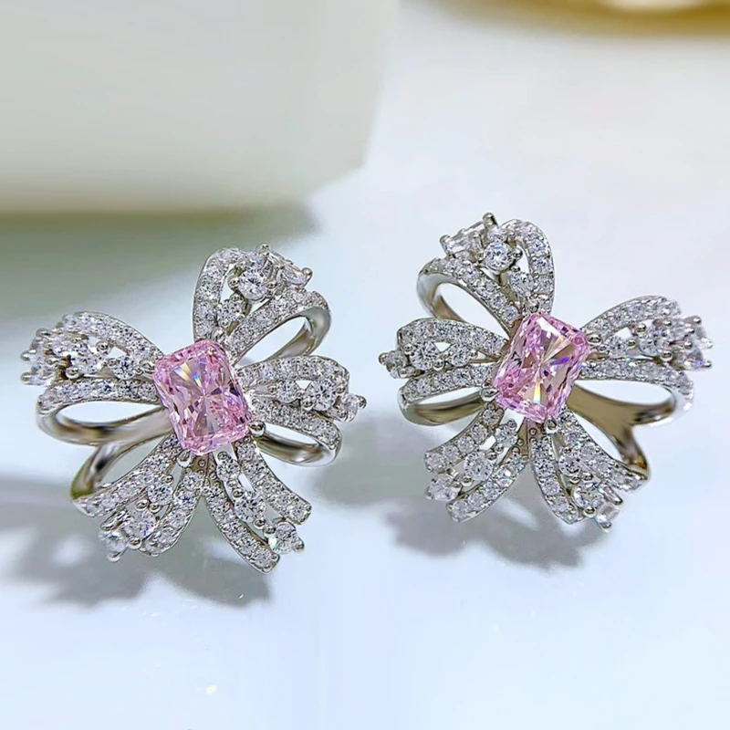 

Luxury Silver 925 Jewelry Bow Earrings Pink White Crystal Earrings 2022 Fine Jewelry for Woman Party Wedding Anniversary Gifts