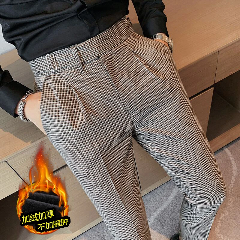 

2021 Winter Houndstooth Business Dress Pants Men British Style High Waist Casual Slim Suit Pants Office social wedding trousers