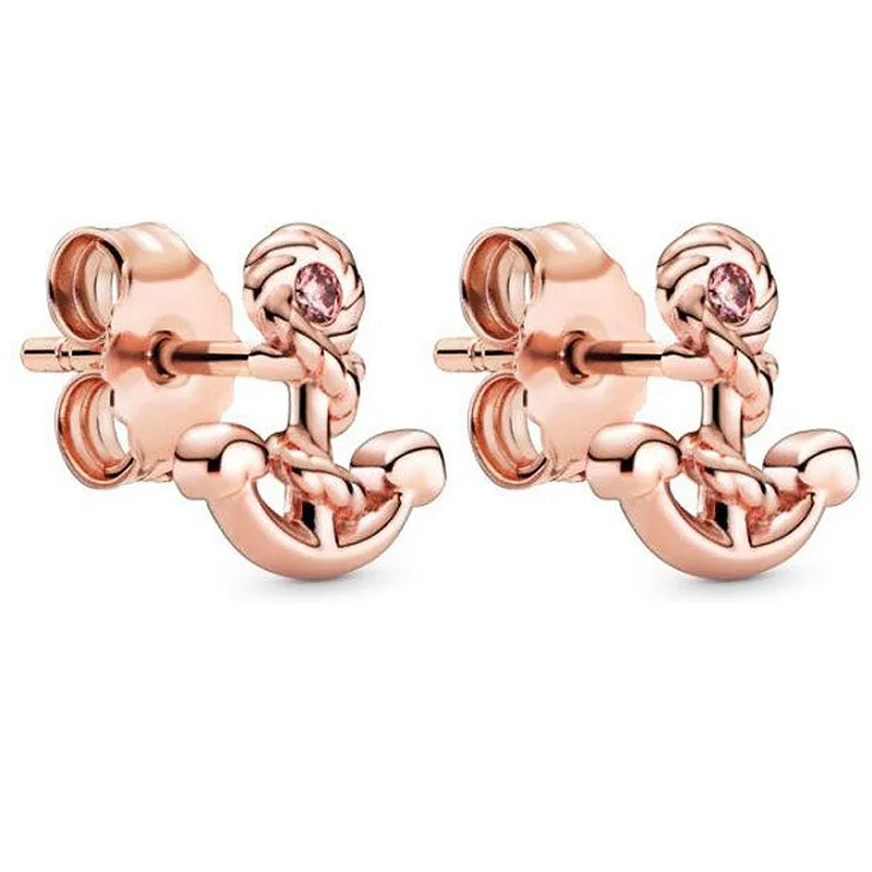 

Authentic 925 Sterling Silver Sparkling Rose Anchor With Crystal Stud Earrings For Women Wedding Gift Fashion Jewelry