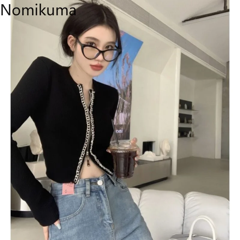 

Nomikuma, футболки с длинным рукавом, весна-осень, с высокой талией, на молнии, простые женские футболки, сексуальный уличный винтажный элегантный кроп-Топ для женщин